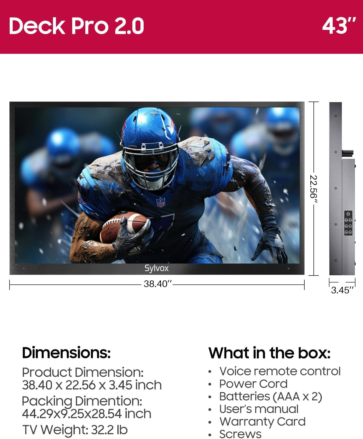 Outdoor TV, 43 Inch Waterproof Smart Outdoor Tvs, 4K, HDR 10, Weatherproof,1000Nits, Voice Assistant Remote, for Partial Sun Area(Deck Pro 3.0, Latest Model)