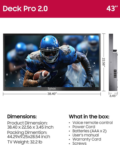 Outdoor TV, 43 Inch Waterproof Smart Outdoor Tvs, 4K, HDR 10, Weatherproof,1000Nits, Voice Assistant Remote, for Partial Sun Area(Deck Pro 3.0, Latest Model)