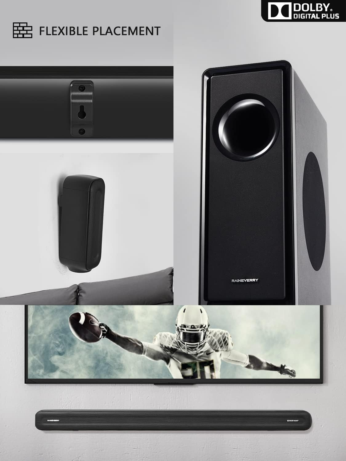 5.1 CH Surround Sound Bar with Dolby Audio, Sound Bars for TV, Wireless Subwoofer & Rear Speaker, Dolby Digital Plus, Bluetooth 5.3, Surround Sound System for Home Theater, 4K & HD Tvs| HDMI & Optical