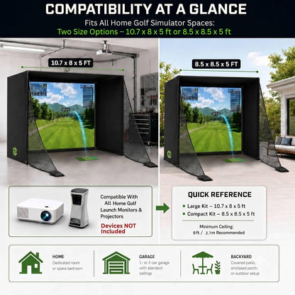 Golf Simulator Enclosure 10.7X8X5Ft & 8.5X8.5X5Ft Golf Simulators for Home | Light-Proof HD/4K Silent Impact Screen, Indoor/Outdoor - Includes Mat, Foam-Padded Iron Poles, Shank Net, Sandbag & Bonus Kit