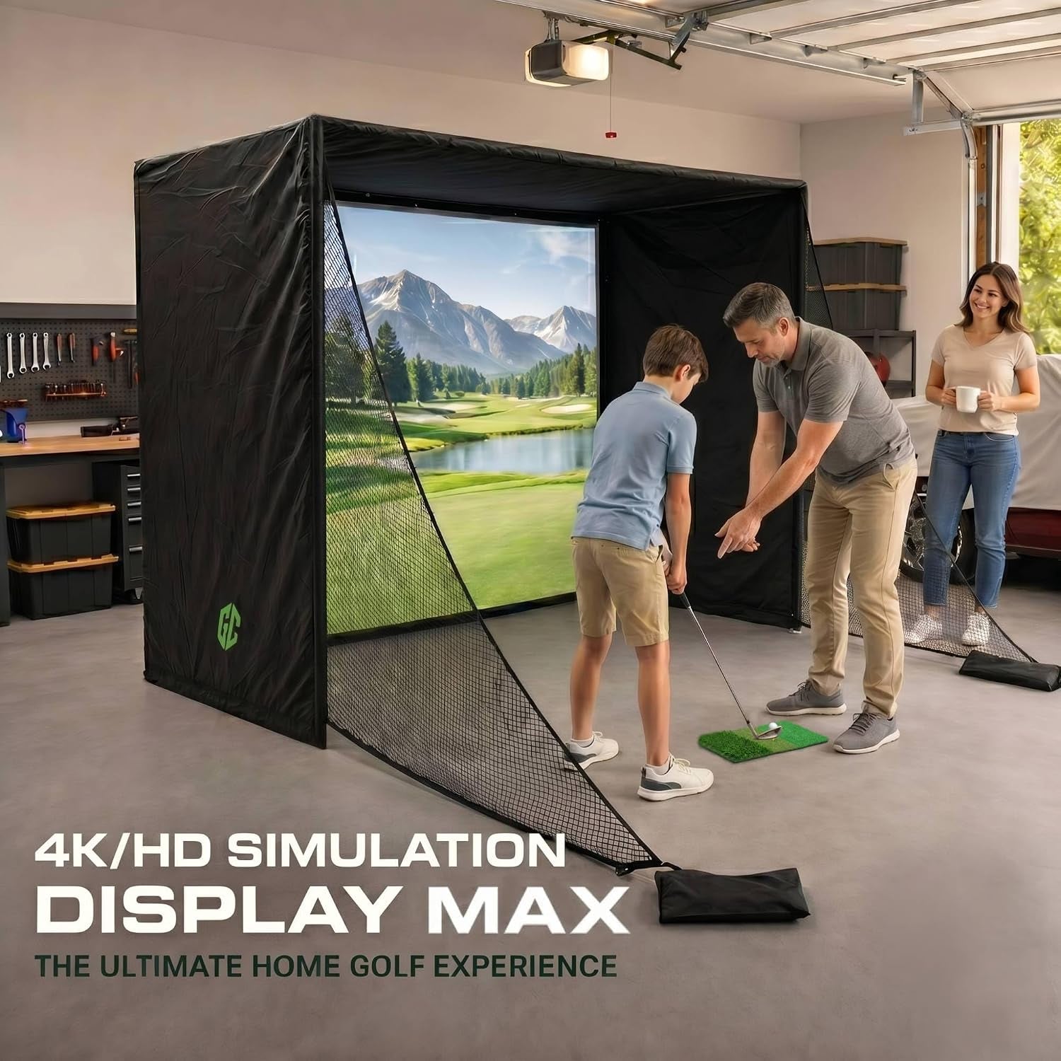 Golf Simulator Enclosure 10.7X8X5Ft & 8.5X8.5X5Ft Golf Simulators for Home | Light-Proof HD/4K Silent Impact Screen, Indoor/Outdoor - Includes Mat, Foam-Padded Iron Poles, Shank Net, Sandbag & Bonus Kit
