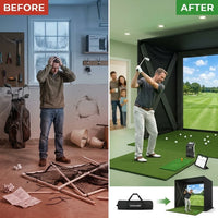 Golf Simulator Enclosure for Home Instant Quick and Easy Tool-Free Setup in 5 Mins Golf Hittig Cage - Complete Set with Heavy Duty Frame,Hd Impact Screen and Putting Green Turf (8X8 Ft) — Before & After