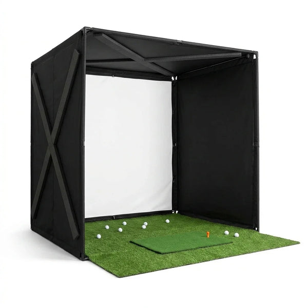 Golf Simulator Enclosure for Home Instant Quick and Easy Tool-Free Setup in 5 Mins Golf Hittig Cage - Complete Set with Heavy Duty Frame,Hd Impact Screen and Putting Green Turf (8X8 Ft) — Studio Shot